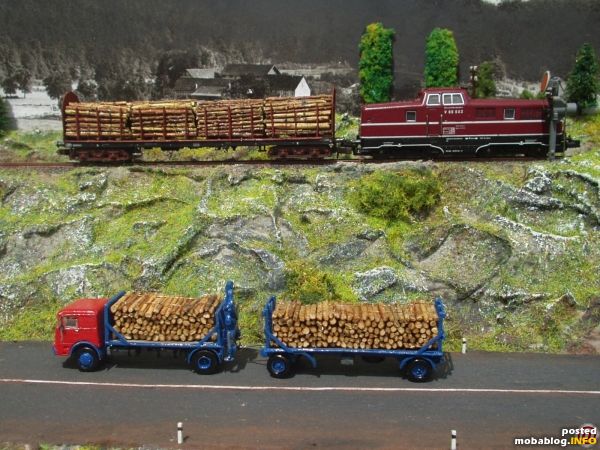 Der Eigenbau LKW mit Stammholz auf dem Weg zur Bahnverladung und dar�ber auf dem Gleis ein beladener Waggon mit V 80 auf dem Weg zur Zugzusammenstellung