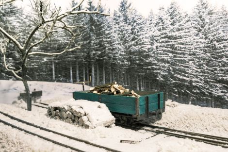 Es ist eine Waldbahn im Winter dargestellt.