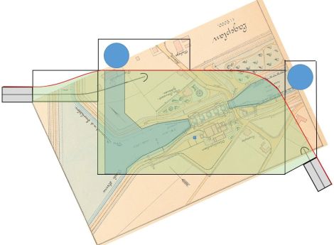 Maßstäbliche Überlagung der Modulplanung über dem historischem Lageplan. Die blauen Kreise sind die Drehscheiben für das Faller Carsystem hinter der Kulisse.