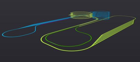3D Ansicht in RailModeller Software (Schattenbahnhöfe 1 und 2 samt Wendeln)